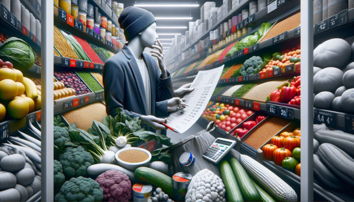 A person in a supermarket comparing prices of vegetables and grains, focused on budget shopping.