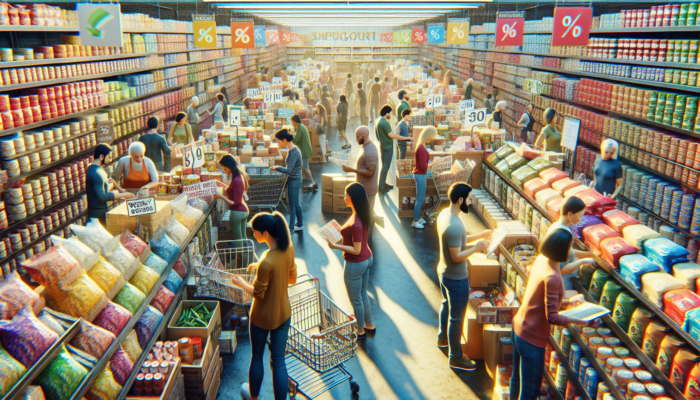 Shoppers comparing bulk ingredient prices in a busy wholesale store with colourful discount flyers.