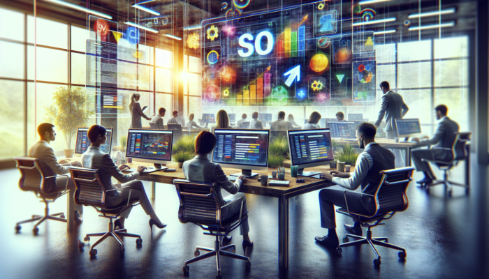 A digital marketing office displaying screens showcasing Google's 3-Pack, SEO optimization, and graphs indicating improved business rankings.