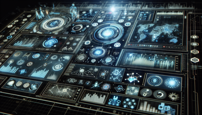 A futuristic dashboard with vibrant graphs and analytics from a Google Business Account, showing performance metrics.