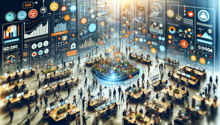 Digital dashboard showing high views, moderate clicks, and customer actions in a busy business setting.