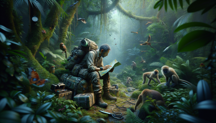 Person in jungle using map and compass, surrounded by wildlife and dense foliage, with detailed itinerary.