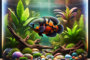 A vibrant aquarium featuring a healthy Oscar fish, surrounded by lush plants and colourful decorations.