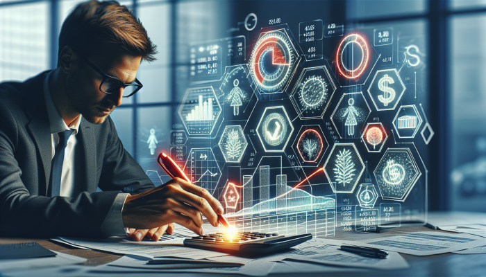 Person analyzing loan document, focusing on interest rates and repayment terms, using graphs and calculators in office.