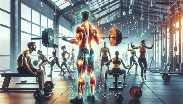 A gym scene with beginners lifting weights, energy bursts, and a dosage chart for creatine supplementation.