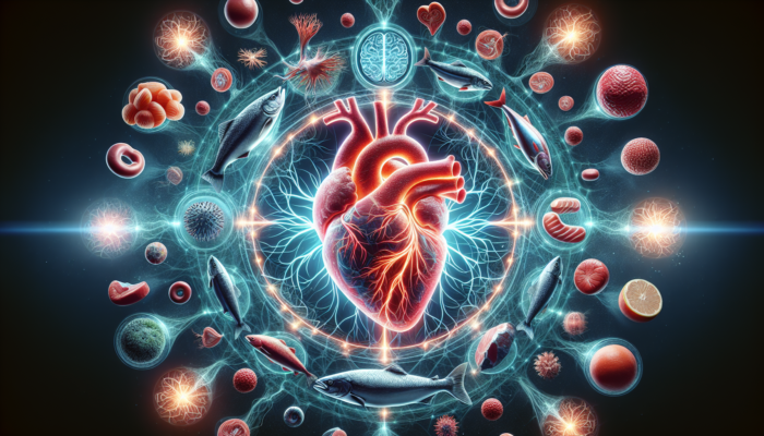 A vibrant heart with omega-3 rich salmon, glowing neural pathways and muscles, symbolizing health benefits from fitness.