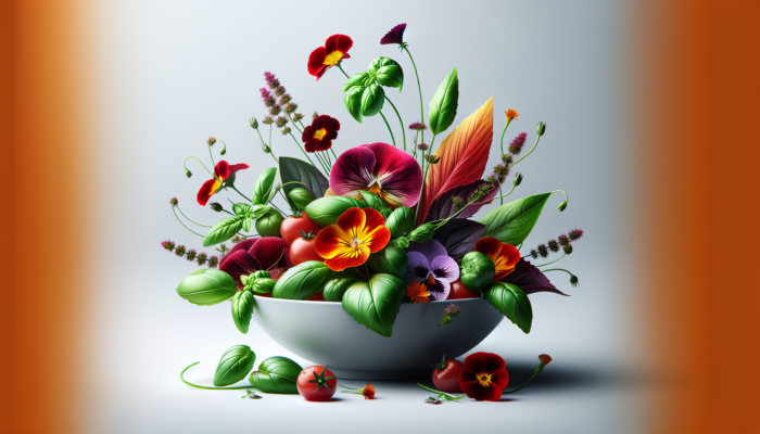 A gourmet dish with basil, coriander, and edible flowers like nasturtiums, violets, and calendula, creating an elegant presentation.