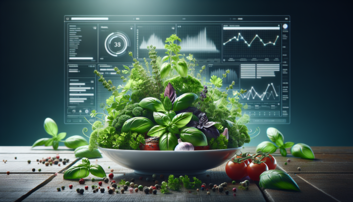 A gourmet dish with fresh herbs like basil, thyme, and parsley, enhancing color and aroma.