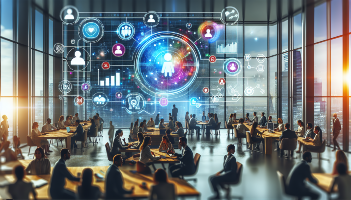 A vibrant digital interface displaying a successful Google Business profile with customer engagement tools and analytics in a modern office setting.