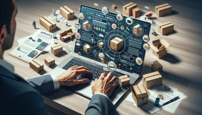 Person researching furniture removal companies on laptop, surrounded by moving boxes and furniture, viewing service list and online reviews.