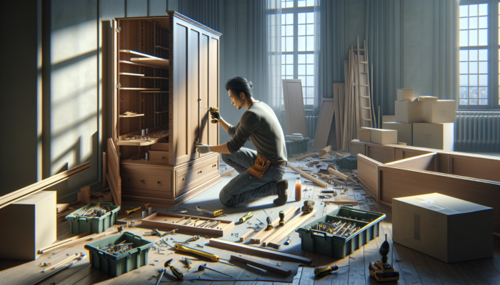 Person disassembling wardrobe with tools, surrounded by parts and moving boxes in a well-lit room.