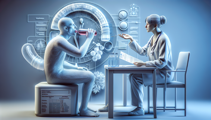 Person drinking water, clock showing fasting time, healthcare provider giving instructions for blood test preparation.