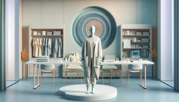 Person in clinic adjusting soft cardigan for comfort, feeling calm amidst medical equipment.