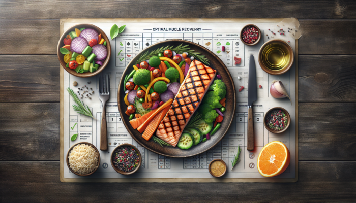 Grilled salmon with vegetable stir-fry and brown rice on a rustic table, aiding muscle recovery.