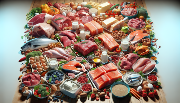 A table displaying lean meats, poultry, salmon, and dairy, rich in amino acids, omega-3, and vitamin B12.