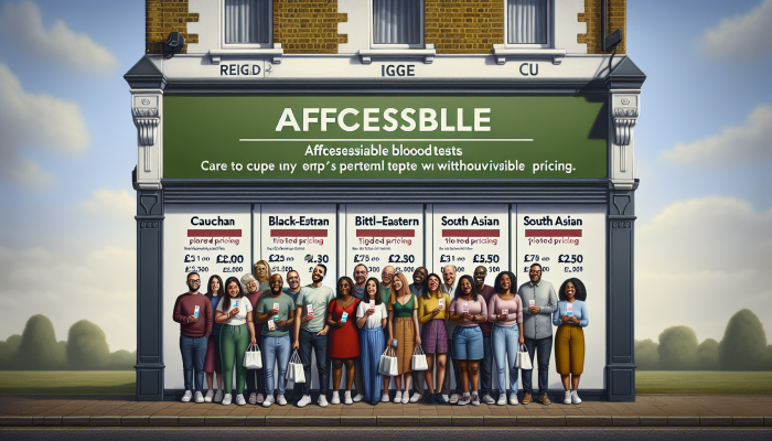 Diverse group in Reigate with affordable blood test packages, clinic backdrop showing tiered pricing.