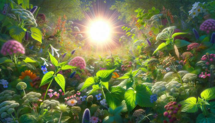 Seasonal Herbal Strategies: A vibrant UK spring landscape with flourishing nettles and blooming herbs under a warm sun, symbolising rejuvenation and vitality.