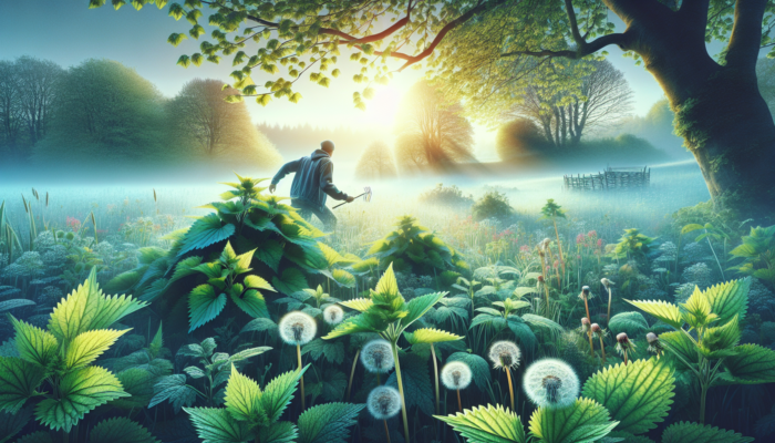 UK spring landscape with person harvesting nettle and dandelion, symbolising vitality.
