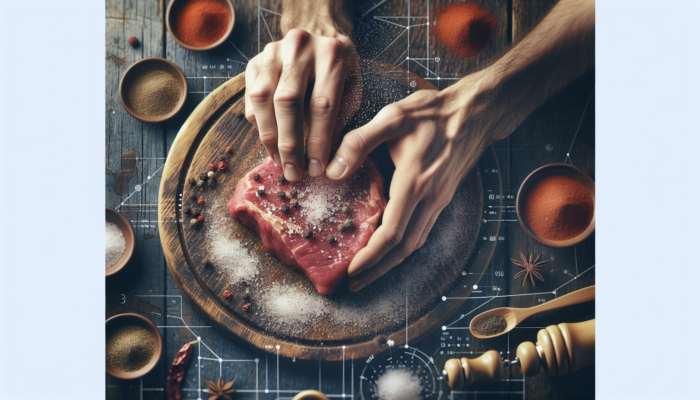 Hands seasoning raw meat with salt, pepper, massaging on a rustic table with spices nearby.