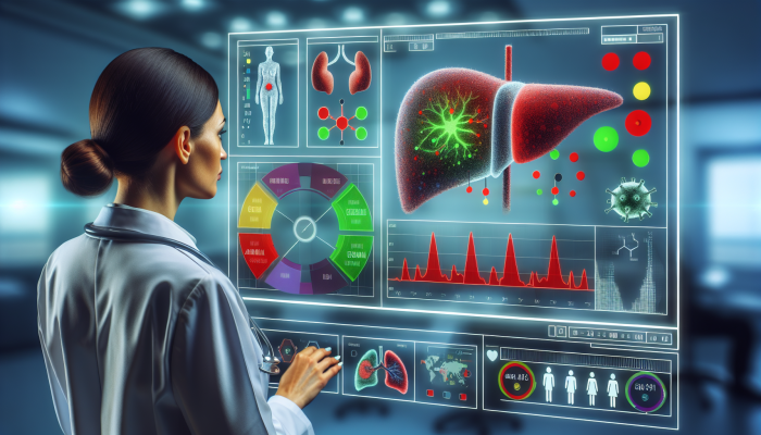 A doctor analyzing liver blood test results on a digital screen in a modern medical office.