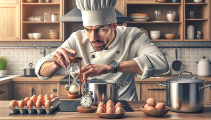 Chef using timer to boil eggs perfectly, checking early and adjusting for stove and cookware.