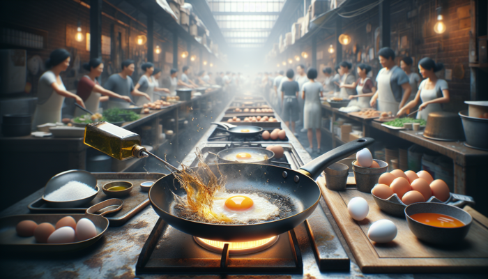 Non-stick pan sizzling with olive oil on medium-high heat, ready for frying eggs in a busy kitchen.