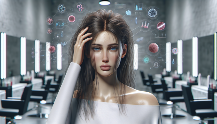 Woman with damaged hair showing temporary hair loss and scalp irritation post-keratin treatment in a modern salon.