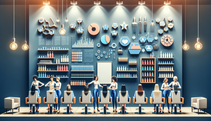 A modern salon with stylists applying keratin treatment, surrounded by quality products and positive reviews.