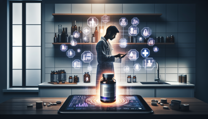 Person in kitchen researching supplements on tablet, consulting doctor via video call.