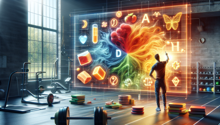 Person analysing supplement chart with vitamin D and protein icons, sunlit window and gym equipment in background.