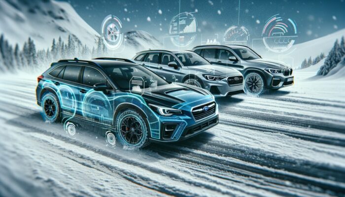 Subaru, Audi, BMW AWD vehicles on snowy road, specs on digital interface.