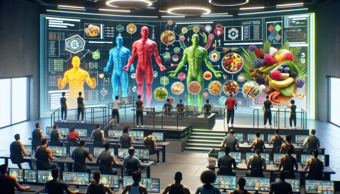 Esports athletes in a high-tech facility, screens showing nutritional data and healthy meals.