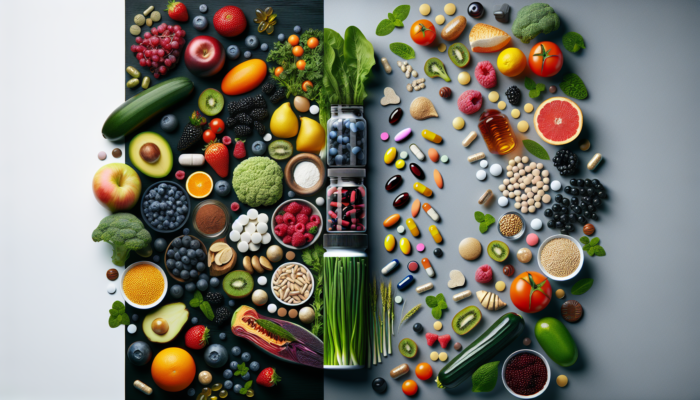 A split image showing whole foods like berries, greens, grains on one side and dietary supplements on the other, representing esports nutrition balance.