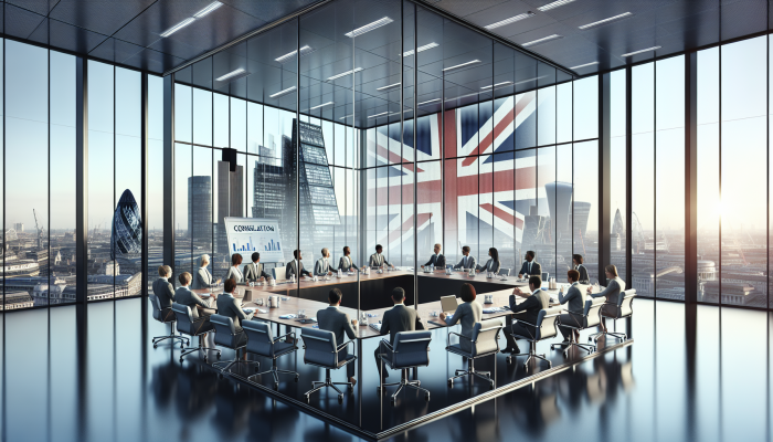 Online Forums for Debt Consolidation Tips: UK Focus | DCL Financial experts in a modern London conference room discussing debt consolidation, UK skyline visible.
