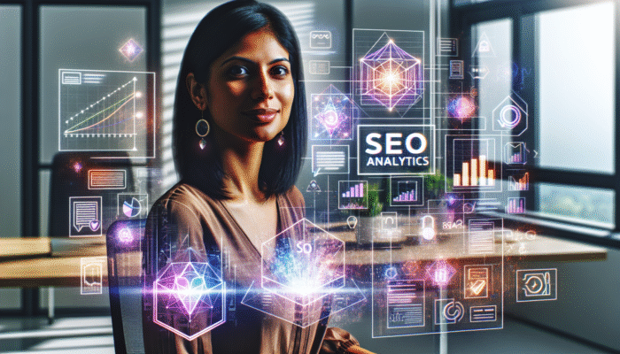 A small business owner in a modern office, surrounded by screens showing SEO analytics, content creation, and social media engagement, with charts indicating growth in organic visibility and user engagement.