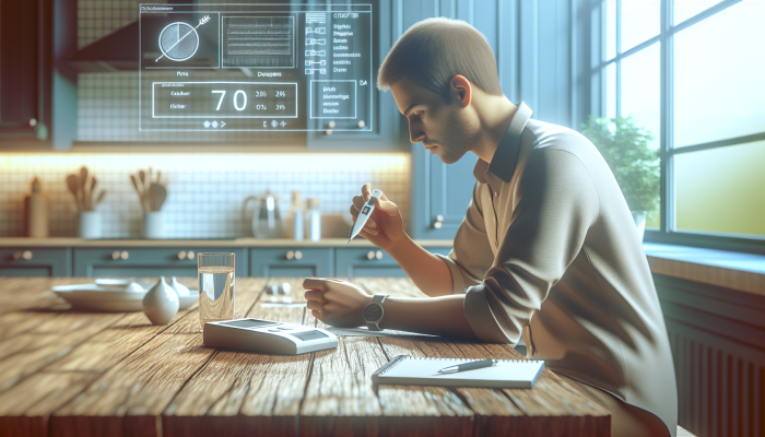 Person in Jarrow organizing cholesterol test kit at kitchen table, with notepad and water.