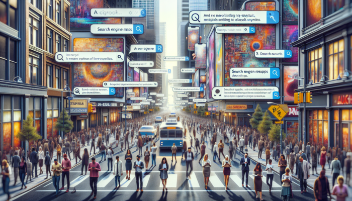 A busy city street with billboards promoting local businesses, people using smartphones, and maps showing nearby attractions.