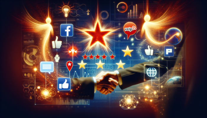A digital dashboard showing customer reviews improving local business search rankings with Google, Yelp, and Facebook icons.