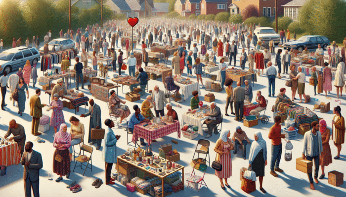 A vibrant yard sale scene with tables of items, people socializing, and a 'Donate' sign, showcasing community and savings.
