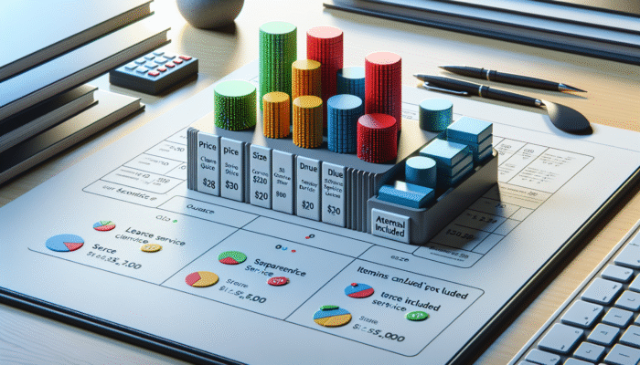 A comparison chart on a desk showing clearance service quotes with details on price, duration, items, and charges.