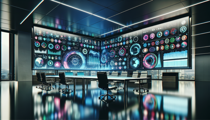 A futuristic dashboard showing colorful graphs and analytics from Google Business Profile, focusing on performance metrics.