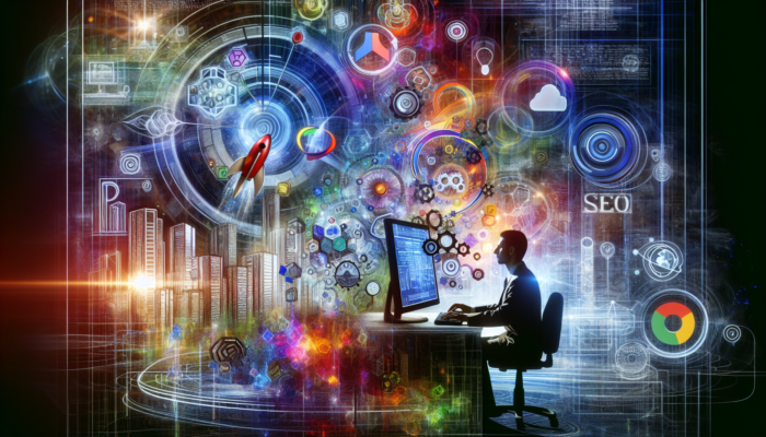 Person analyzing SEO and Google Analytics data on a computer, with a city map background, refining local SEO strategy.