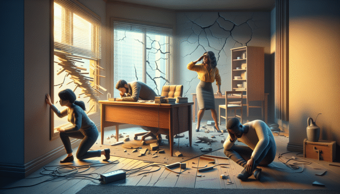 People crouching under tables, shielding heads, avoiding windows during an earthquake.