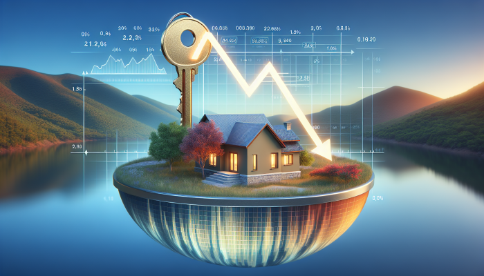 Debt Consolidation Loans Explained Simply: A Clear Guide | DCL A serene home with a golden key in the lock and a graph showing declining interest rates.