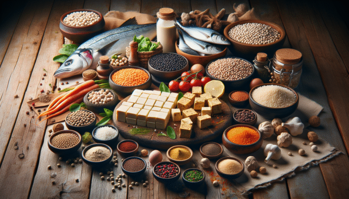 A colorful display of tofu, lentils, quinoa, and fish on a rustic table with garnishes and spices.