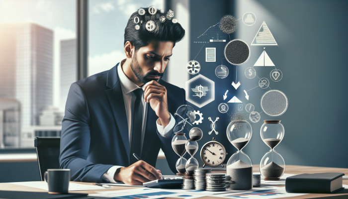 A UK business owner reviewing financial documents in a modern office, considering tax relief for debt consolidation.