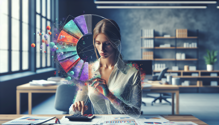 Accountant calculating interest deductibility on consolidation loan, surrounded by financial documents and tax benefit graphs.