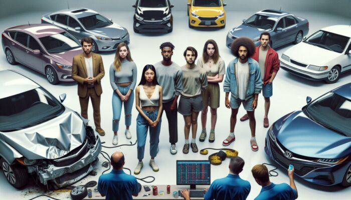 Young adults near rental cars, with charts showing high accident rates, in an analytical setting.