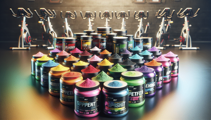 A colorful array of pre-workout supplements on a gym floor, with spin bikes in the background.