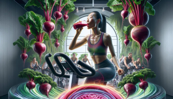 Athlete drinking beetroot juice, surrounded by beets and greenery, with energy waves during spin class.
